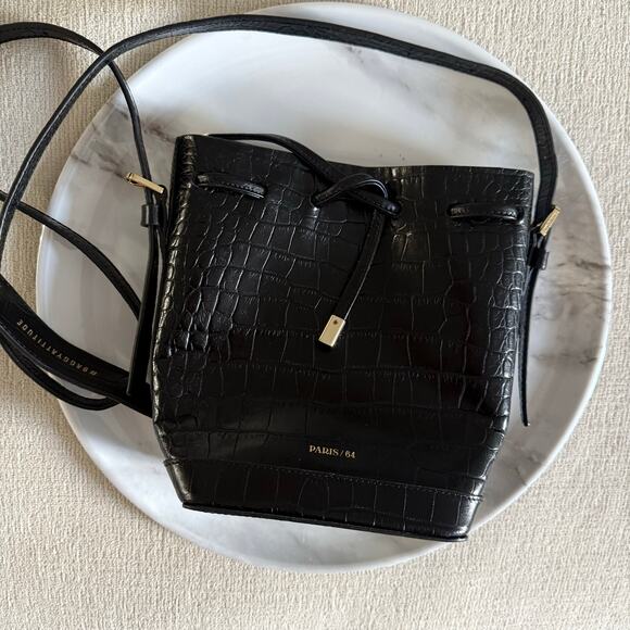 Paris 64 Mini Always Coco Croc Embossed Leather Crossbody Bucket Bag Black - Picture 1 of 7